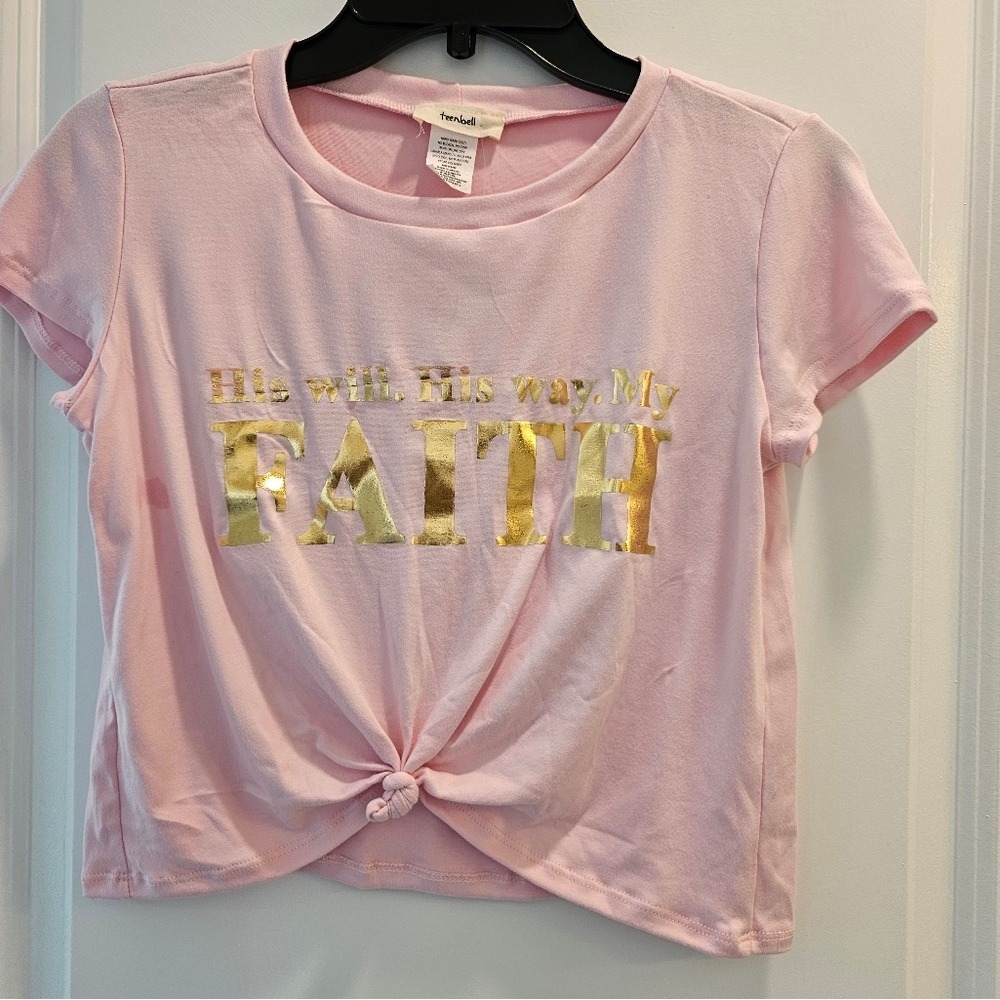 Womens sz M Teenbell Pink Faith Graphic T-Shirt Gold Metallic Knot Front Tee